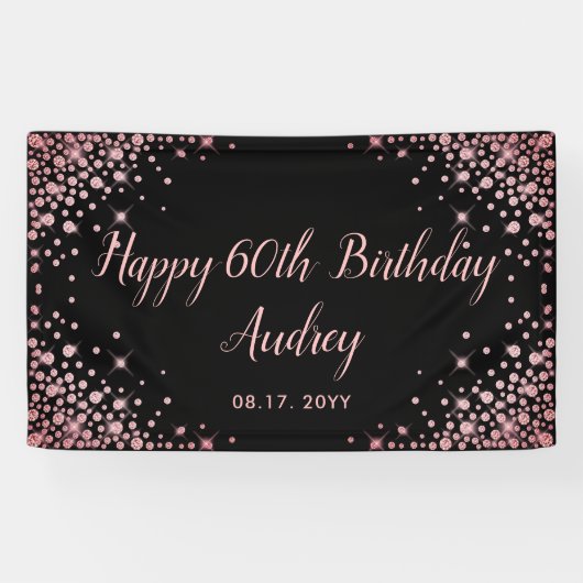バラ金ゴールドグリッターブラック60th誕生日モノグラム 横断幕 (横)