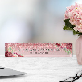 バラ金ゴールドグリッターブルゴーニュ赤面フローラ デスクネームプレート