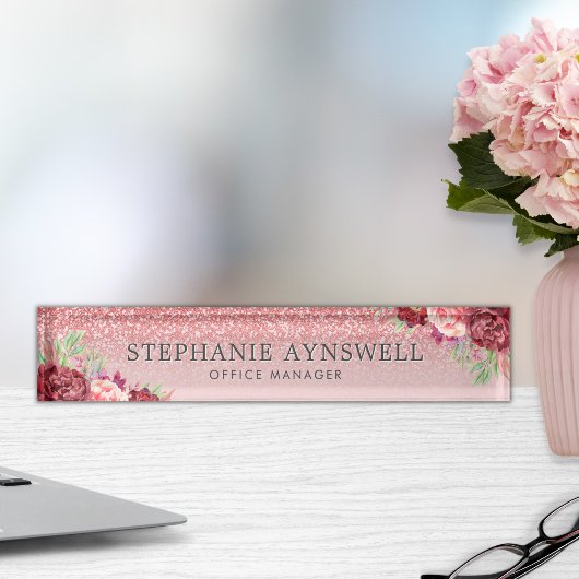 バラ金ゴールドグリッターブルゴーニュ赤面フローラ デスクネームプレート