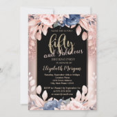 バラ金ゴールドグリッターブルーフラワーズ50thバースデーパーティー 招待状 (正面)