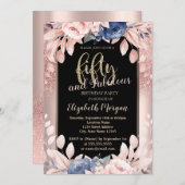 バラ金ゴールドグリッターブルーフラワーズ50thバースデーパーティー 招待状 (正面/裏面)