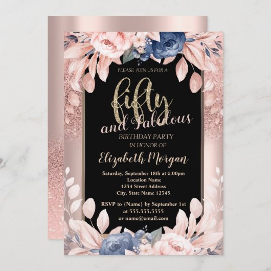 バラ金ゴールドグリッターブルーフラワーズ50thバースデーパーティー 招待状 (正面/裏面)