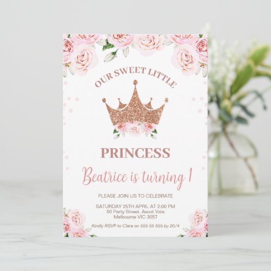 バラ金ゴールドグリッタープリンセスクラウン1st誕生日 招待状 (スタンド正面)