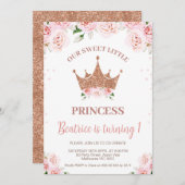 バラ金ゴールドグリッタープリンセスクラウン1st誕生日 招待状 (正面/裏面)