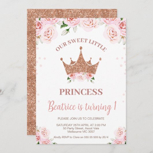 バラ金ゴールドグリッタープリンセスクラウン1st誕生日 招待状 (正面/裏面)