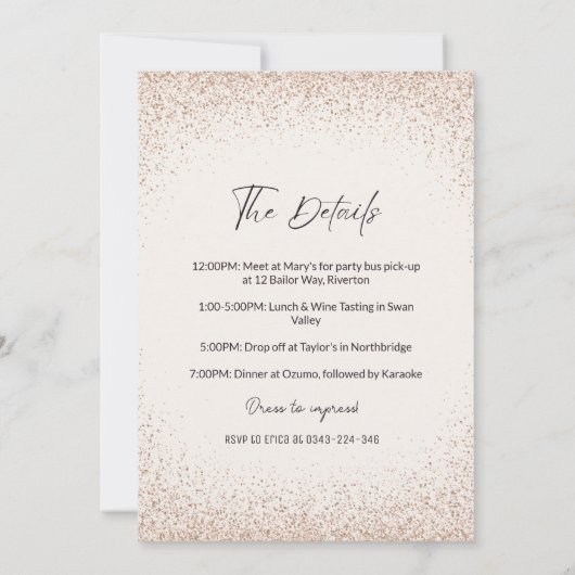 バラ金ゴールドグリッターヘンパーティの招待状旅程 招待状 (裏面)