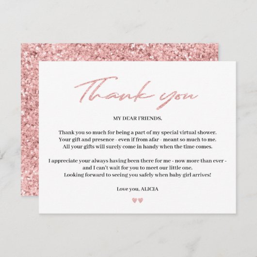バラ金ゴールドグリッターベビー仮想シャワー感謝していユー サンキューカード (正面/裏面)