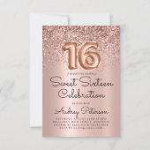バラ金ゴールドグリッターホイルバルーンスウィート16誕生日 招待状 (正面)