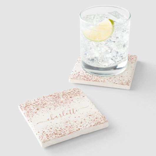 バラ金ゴールドグリッターホワイトネームスクリプト ストーンコースター (横)