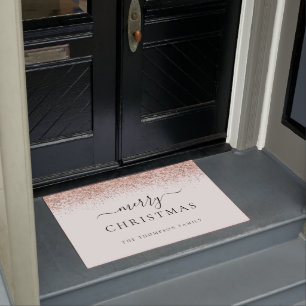 バラ金ゴールドグリッターホワイトネームメリークリスマス ドアマット