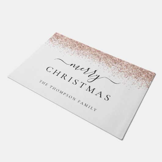 バラ金ゴールドグリッターホワイトネームメリークリスマス ドアマット (アングル)