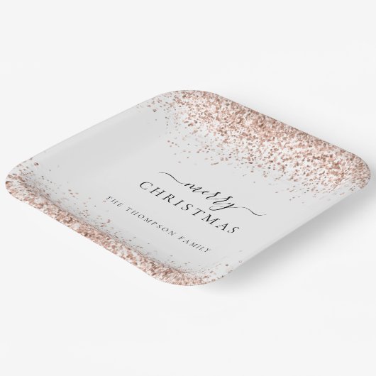 バラ金ゴールドグリッターホワイトネームメリークリスマス ペーパープレート (傾斜あり)