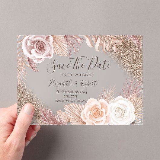 バラ金ゴールドグリッターボホグラデーションフラワーズ日付を保存 アクリル招待状 (インサイチュ (ポータブル))