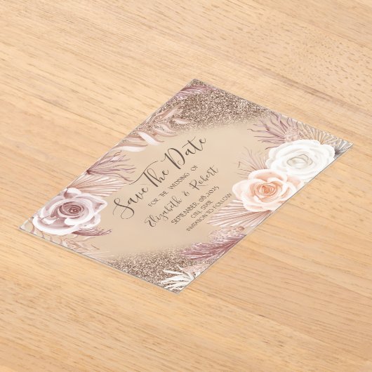 バラ金ゴールドグリッターボホグラデーションフラワーズ日付を保存 アクリル招待状 (レイダウン)