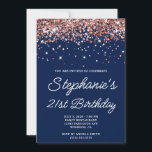 バラ金ゴールドグリッターミッドナイトブルー21st誕生日 招待状<br><div class="desc">彼女モダンのための21歳の誕生日の招待モノリンのスクリプト。この招待状はカスタマイズ、別のマイルストーン誕生祝いに対して使用できる。デジタルアートフェイクは、真夜中の青い背景色に対して余分なスパークを持つスパークリーなバラ無地の金ゴールドグリッターを特徴とする。このデザインのキラキラ輝く光る要素はモダンすべてガーリー、これらの招待状上の写真のようにプリントするデジタルアートグラフィックスである。</div>