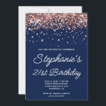 バラ金ゴールドグリッターミッドナイトブルー21st誕生日 招待状<br><div class="desc">彼女モダンのための21歳の誕生日の招待モノリンのスクリプト。この招待状はカスタマイズ、別のマイルストーン誕生祝いに対して使用できる。デジタルアートフェイクは、真夜中の青い背景色に対して余分なスパークを持つスパークリーなバラ無地の金ゴールドグリッターを特徴とする。このデザインのキラキラ輝く光る要素はモダンすべてガーリー、これらの招待状上の写真のようにプリントするデジタルアートグラフィックスである。</div>