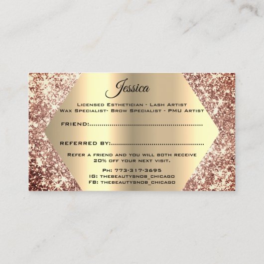 バラ金ゴールドグリッターメイクアップアーティストラッシュレファレンス 名刺 (裏面)