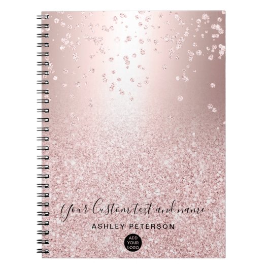 バラ金ゴールドグリッターメタリックスパークル紙吹雪ロゴ ノートブック (正面)