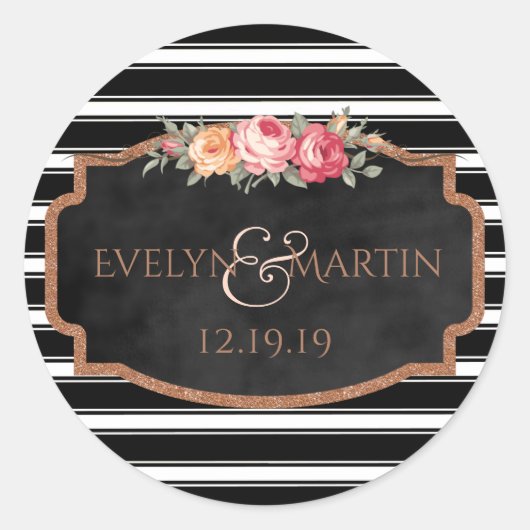 バラ金ゴールドグリッターモノグラムフローラ結婚式の引き出物 ラウンドシール (正面)