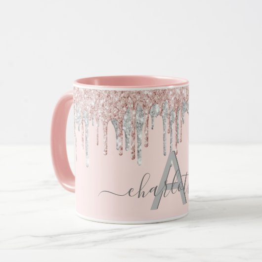 バラ金ゴールドグリッターモノグラム赤面ピンクシルバーグレイ マグカップ (正面左)