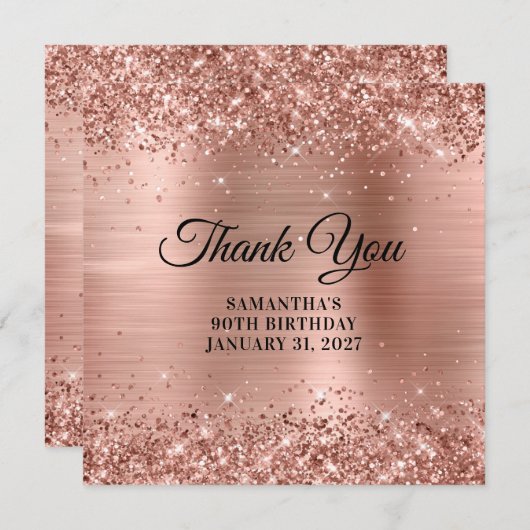 バラ金ゴールドグリッターモノグラム90th誕生日 サンキューカード (正面/裏面)