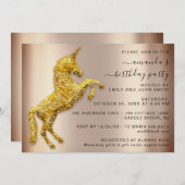 バラ金ゴールドグリッターユニコーンホース誕生日 招待状 (正面/裏面)