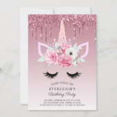 バラ金ゴールドグリッターユニコーン誕生日パーティー招待 招待状 (正面)