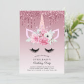 バラ金ゴールドグリッターユニコーン誕生日パーティー招待 招待状 (スタンド正面)