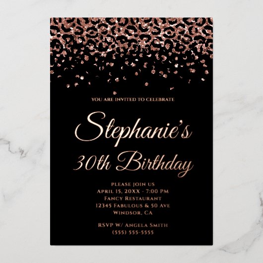 バラ金ゴールドグリッターレオパードグラムブラック30th誕生日 箔招待状 (正面)