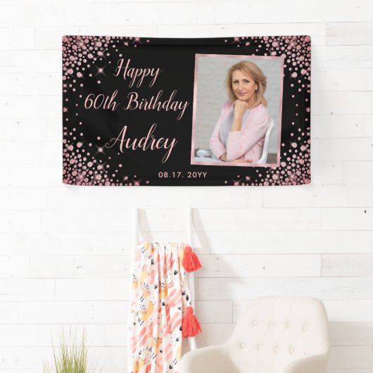 バラ金ゴールドグリッター写真60th誕生日へようこそ 横断幕 (インサイチュ)