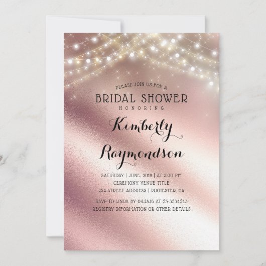 バラ金ゴールドグリッター及びサイリングライトブライダルシャワー 招待状 (正面)