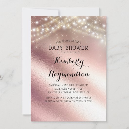 バラ金ゴールドグリッター及びスリングライトベビーシャワー 招待状 (正面)