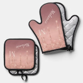 バラ金ゴールドグリッター名前をカスタムするパーソナライズされた文字 鍋つかみ&鍋敷きセット (正面/裏面)