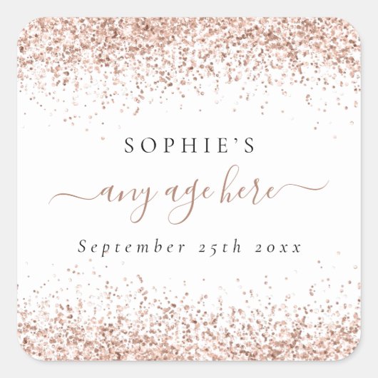 バラ金ゴールドグリッター名日付任意の年齢誕生日 スクエアシール (正面)