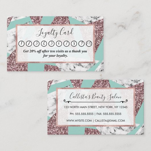 バラ金ゴールドグリッター大理石幾何三角形ティール(緑がかった色) ロイヤリティカード (正面/裏面)