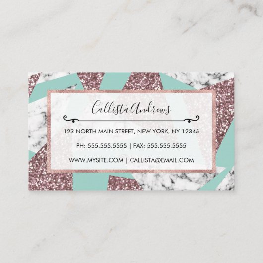 バラ金ゴールドグリッター大理石幾何三角形ティール(緑がかった色) 名刺 (裏面)