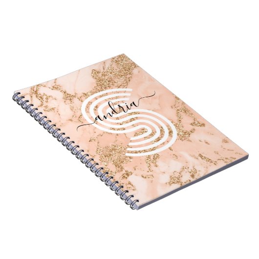 バラ金ゴールドグリッター大理石、スクリプト名Whtモノグラム ノートブック (右側)