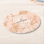 バラ金ゴールドグリッター大理石、スクリプト名Whtモノグラム ラウンドペーパーコースター (アングル)