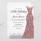 バラ金ゴールドグリッター女性100th誕生日パーティー 招待状 (正面/裏面)