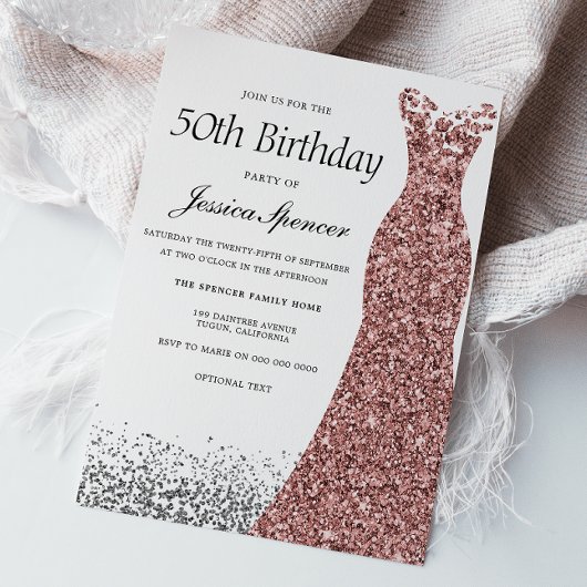 バラ金ゴールドグリッター女性50th誕生日パーティー 招待状