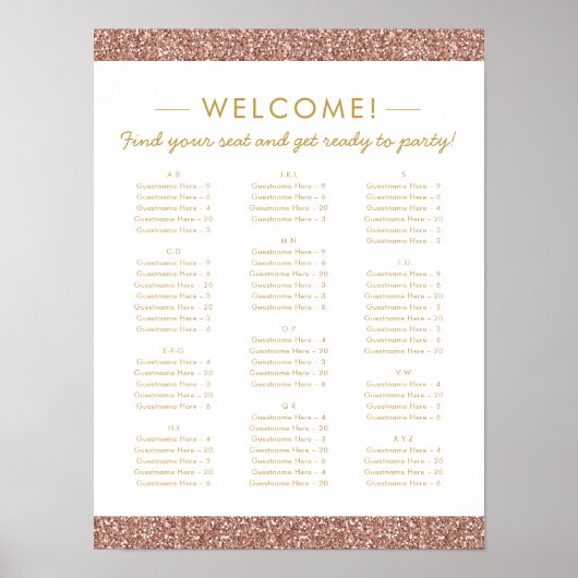 バラ金ゴールドグリッター小さなアルファベットの座席表 ポスター (正面)
