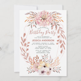 バラ金ゴールドグリッター幾何学的ブーケ誕生日パーティー 招待状