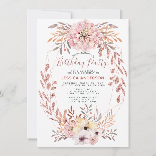 バラ金ゴールドグリッター幾何学的ブーケ誕生日パーティー 招待状 (正面)