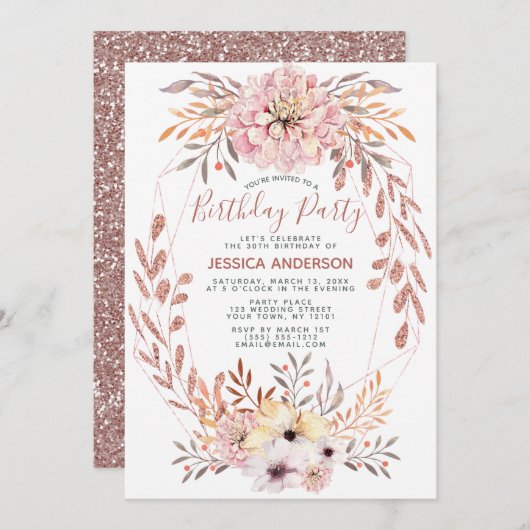 バラ金ゴールドグリッター幾何学的ブーケ誕生日パーティー 招待状 (正面/裏面)