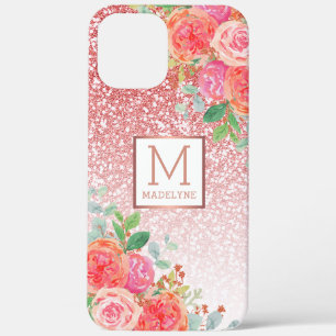 バラ金ゴールドグリッター水彩フローラモノグラム名 iPhone 12 PRO MAX ケース