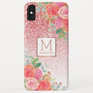 バラ金ゴールドグリッター水彩フローラモノグラム名 iPhone XS MAXケース
