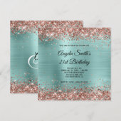 バラ金ゴールドグリッター淡い色のターコイズモノグラム 招待状 (正面/裏面)