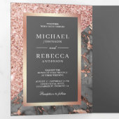 バラ金ゴールドグリッター石板グレーマーブルフォト結婚ズ 三つ折り招待状 (内部最初)