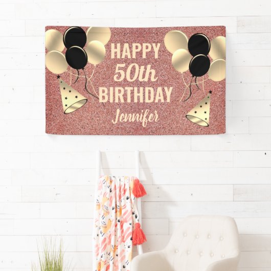 バラ金ゴールドグリッター第50回誕生日パーテパーソナライズされたィー 横断幕 (インサイチュ)