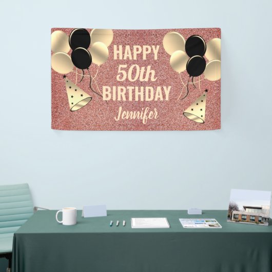 バラ金ゴールドグリッター第50回誕生日パーテパーソナライズされたィー 横断幕 (トレードショー)